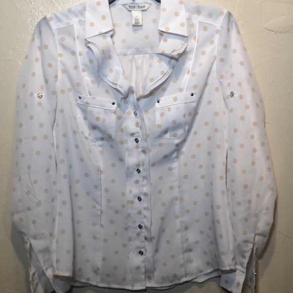 White House Black Market Tops - WHBM white & tan polka dot blouse. Size 2